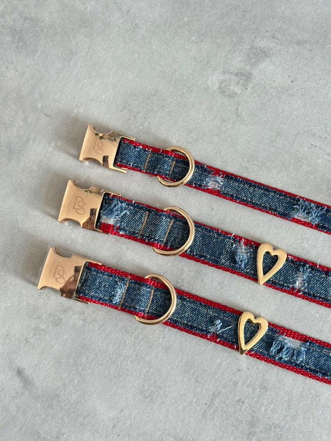 Ripped Denim Dog Collar w/ Heart Embellishment