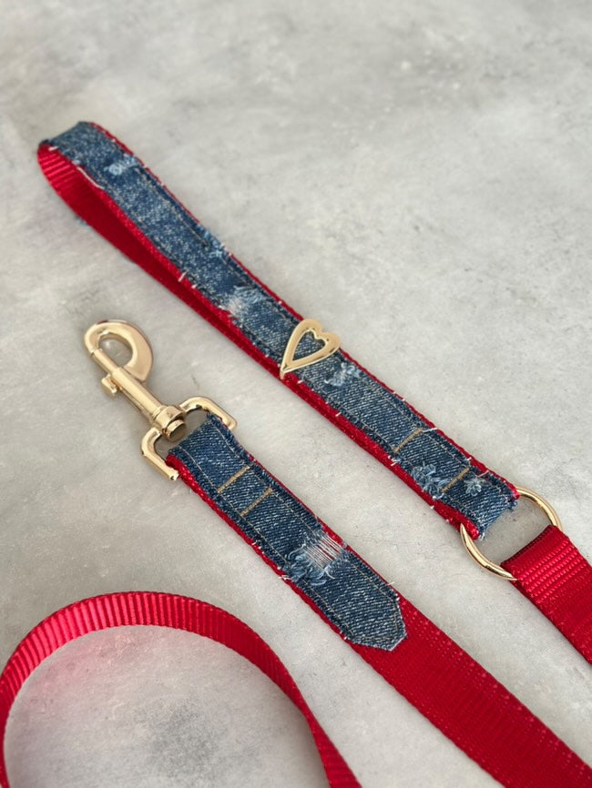 Ripped Denim Dog Leash w/ Heart Embellishment