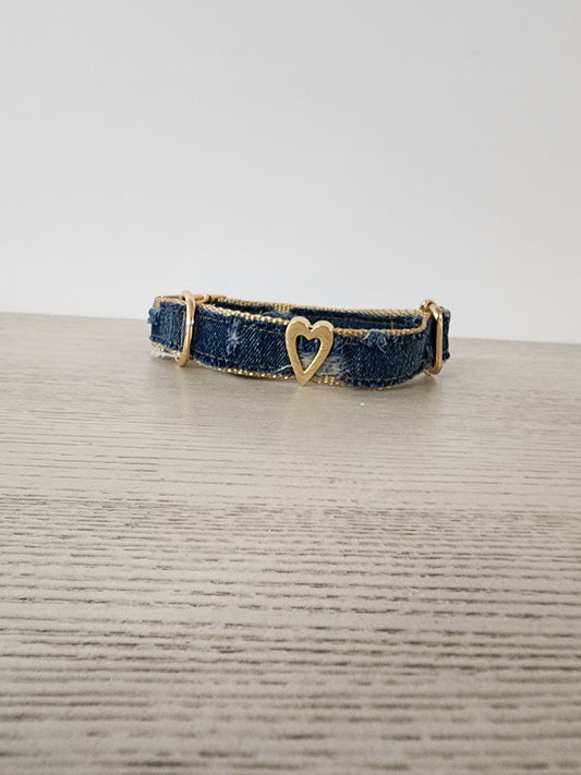 Ripped Denim Dog Collar w/ Heart Embellishment